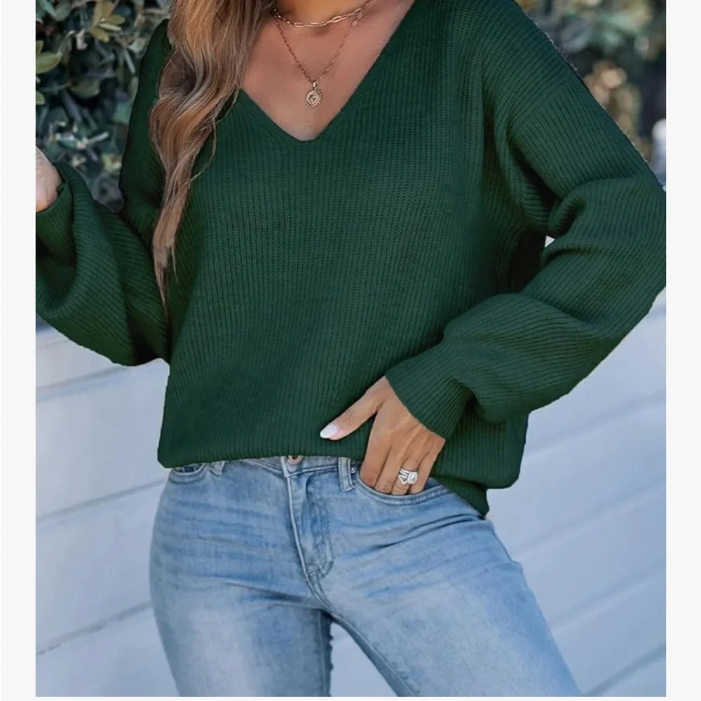 NWT Cupshe Green V-Neck Sweater with Bow DetailS5